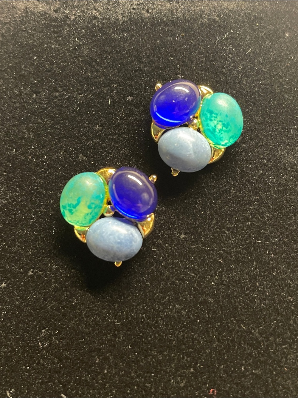 Gold-Tone Triple Cabochon Earrings in Blue, Teal, and Light Blue